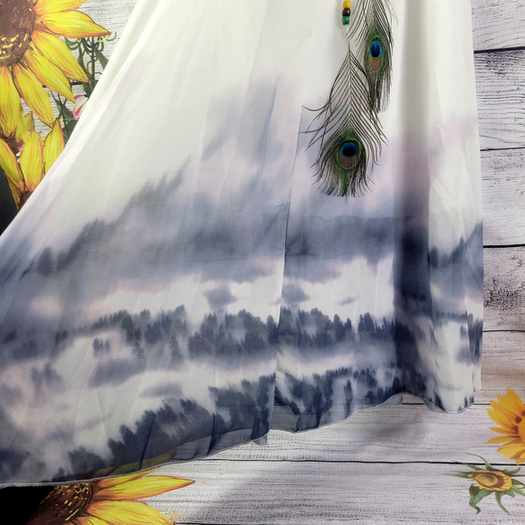 Flowing Skirt with Peacock Feathers and  Beaded Drawstring 3X - Picture 6 of 8